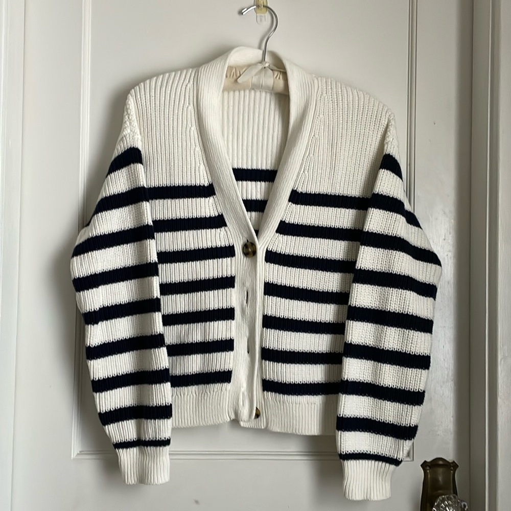 Gap, V neck cardigan, navy/white stripe, women’s size M